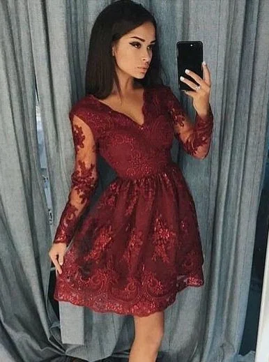 Classy Style Discounts Feminine Soft - Hued Look Burgundy Homecoming Dresses Long Sleeve Lace Short Prom Dress OM514