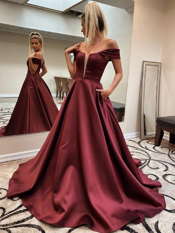 Flash Sales Tropical Island - Inspired Attire Roycebridal Dark Red A Line Off The Shoulder Long Prom Dress