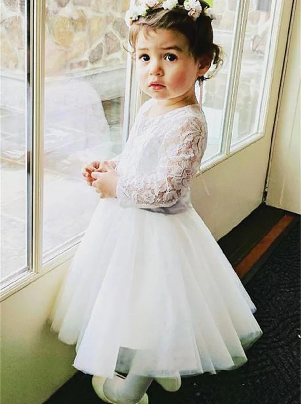 Fashionista Sale Lightweight Fabric Cute A-line Long Sleeves Lace Tulle Flower Girl Dress OF133