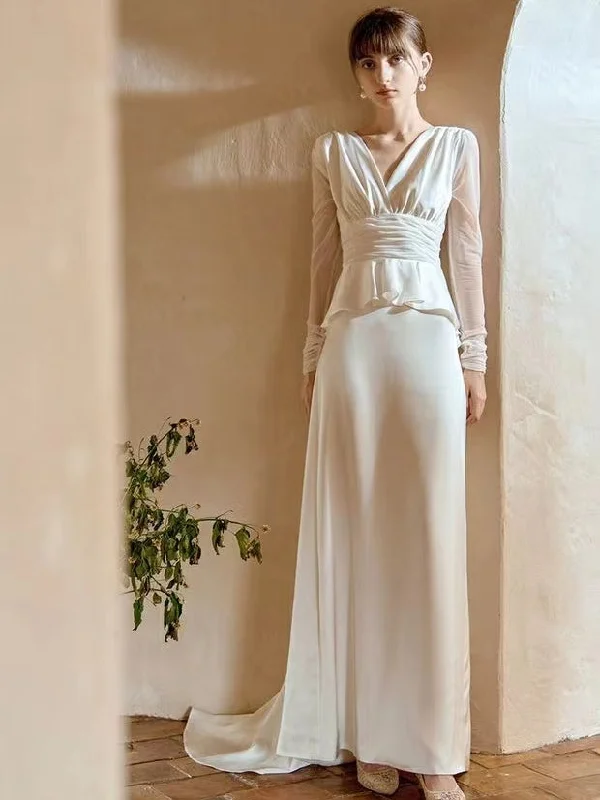 Explore What'S New Luxury Comfort Vintage Long Sleeves Chiffon Wedding Dresses, Simple Long Wedding Dresses, Bridal Gown, 2022 Wedding Dresses