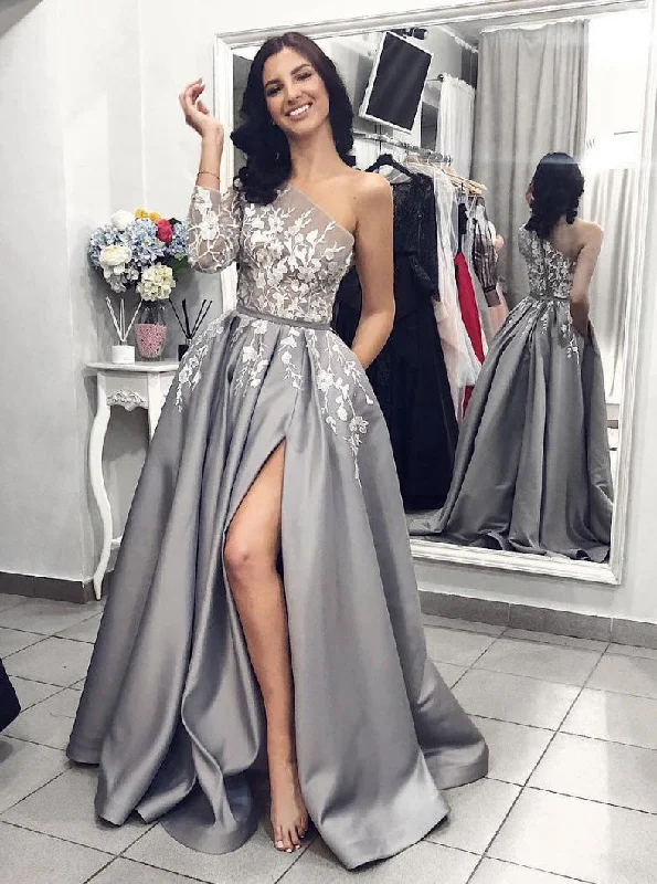 Everyday Elegance Sale Chic Allure Unique One-Shoulder Long Sleeves Appliques Gray Prom Formal Dress With Split OP333