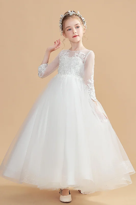 Relaxed Style Deals Fashion-Forward Style Long Sleeves Elegant Ivory Tulle Flower Girl Dresses With Lace