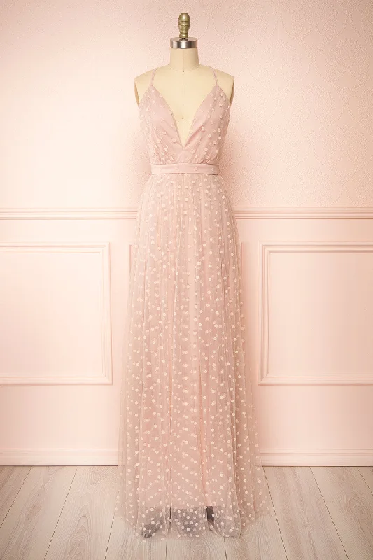 Effortless Style, Endless Impact Casual Weekend Relaxed Style Margarida | Polka Dot Pink Tulle Maxi Dress