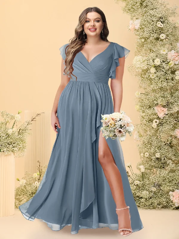 Style Without Limits Tropical Island - Inspired Attire A-Line/Princess V-Neck Floor-Length Plus Size Bridesmaid Dresses With Split Side