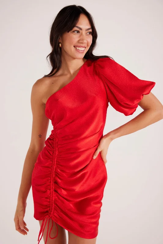 Limited Time Deal Feminine Soft - Hued Styles Sonia Red Satin One Shoulder Mini Dress