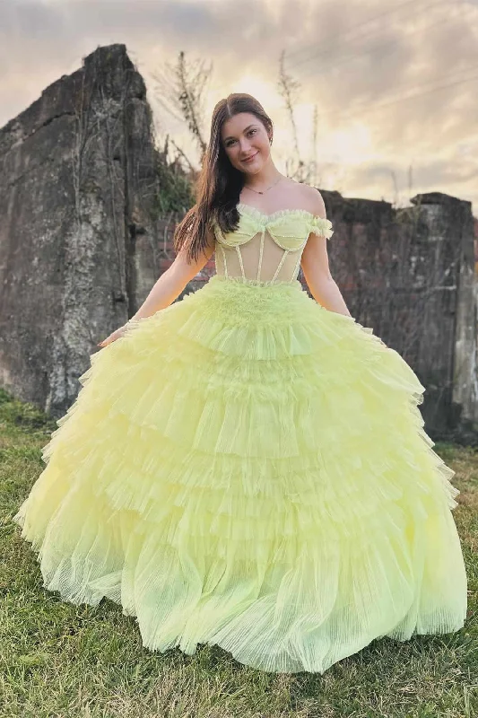 On-Trend Fashion Offers Buy More, Save More Roycebridal Martina | Off the Shoulder Light Yellow Ruffle Layered Prom Dress