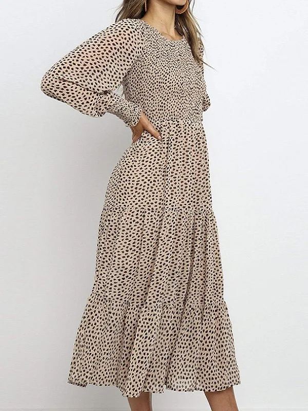 High-End Style Discounts Playful Elegance Leopard Print Long Sleeve Dress - Beige