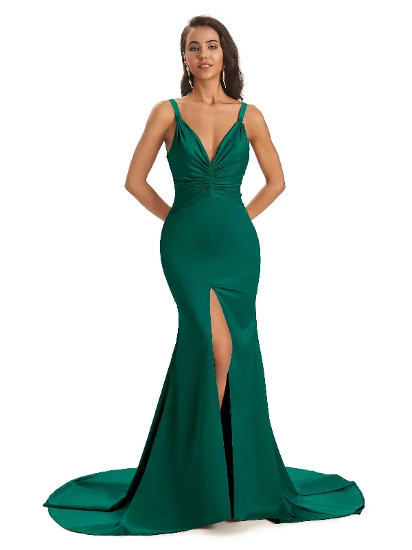 Exclusive Sale Limited Quantities Elegant Satin Spaghetti Straps V-Neck Middle Slit Long Sexy Wedding Guest Dresses