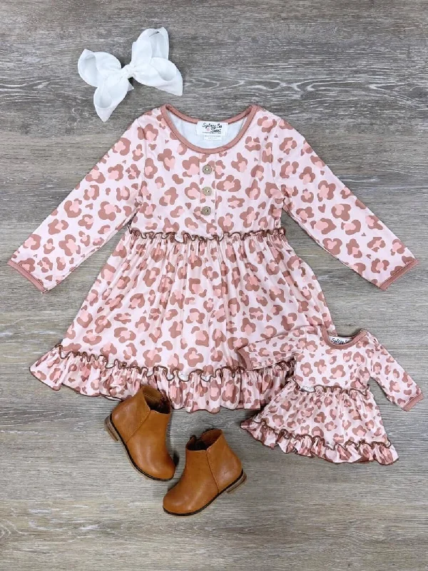 Unbeatable Deals Playful Elegance Doll & Me - Blush Leopard Ruffle Tiered Long Sleeve Dress