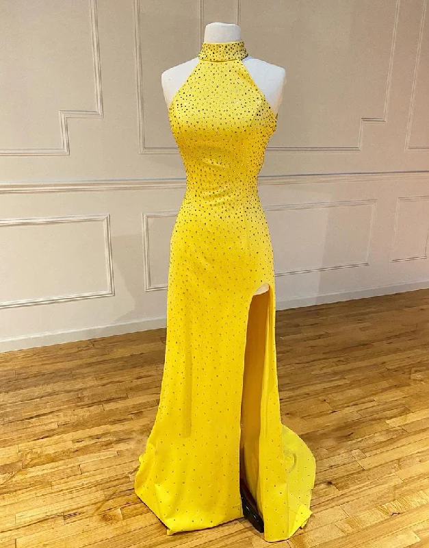 Playful Fashion Offers Elegant Details Roycebridal Aliyah | High Neck Mermaid Yellow Prom Dress with Split