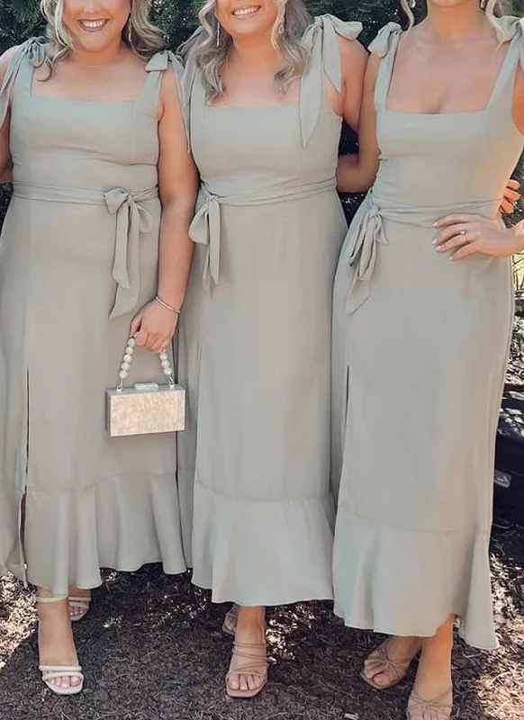 Casual Chic Deals Sophisticated Cut Women Square Neck Bridesmaid Dress Long Bow Strap Prom Gowns Fashion Wedding Party Dress YBD017