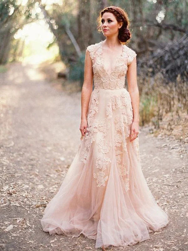 Premium Style Offers Limited - Time Bundle Charming Blush Pink Lace Sexy V-neck Long Sheath Tulle Wedding Party Dresses, WD0139