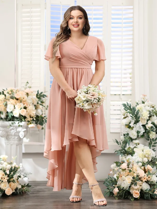 Budget Saver Dreamy Draping A-Line V-Neck Short Sleeves Ruched Asymmetrical Chiffon Plus Size Bridesmaid Dresses