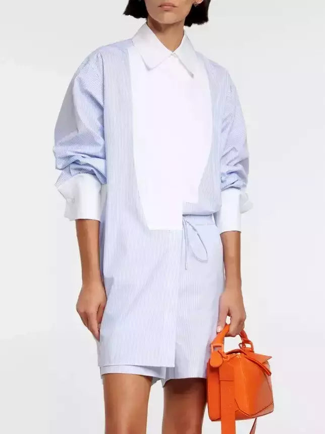 Limited Time Elegant Contour Blue and White Pinstripe Cotton Shirt Dress