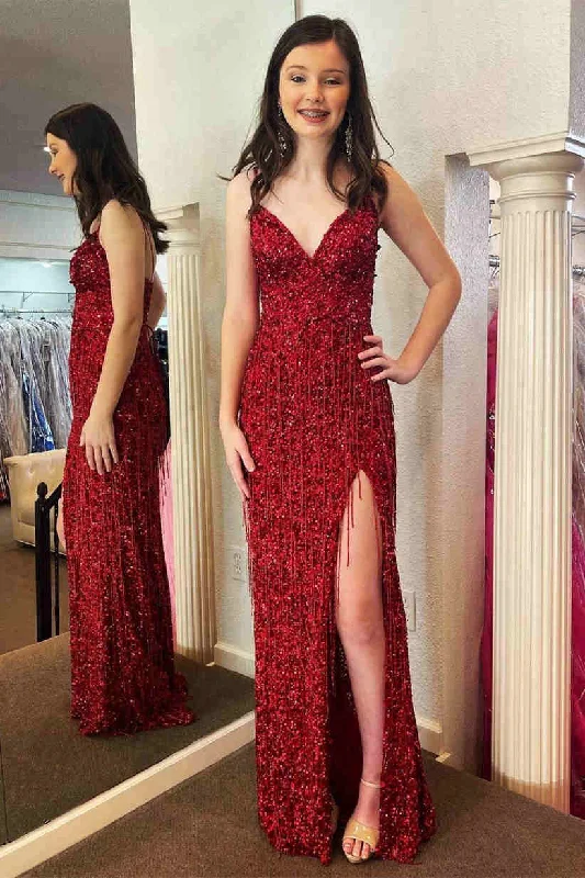 Holiday Glam Nordic Minimalist Home Look Roycebridal Glitter Red V-Neck Long Prom Dress with Tassel