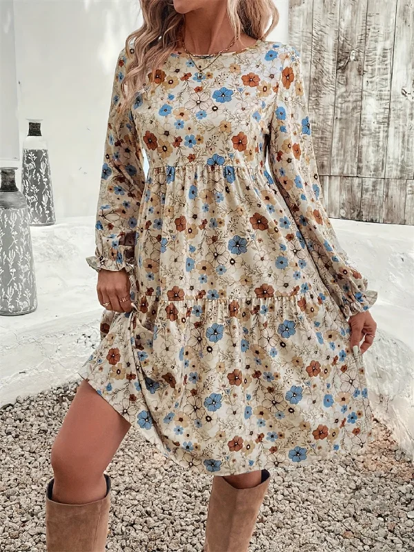 Huge Price Cut Elegant Contour Ruffled Printed Round Neck Long Sleeve Dress