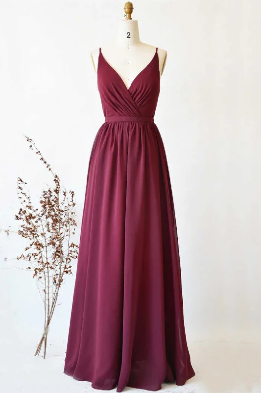 Special Offer For You Great Deals on Ethnic Cultural Wear Magenta Chiffon V-Neck Spaghetti Straps Long Bridesmaid Dress