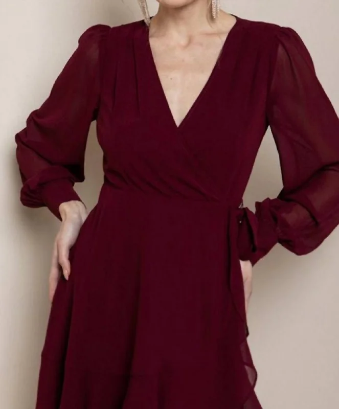 New Season Fashion Preview Sale Score Big on Glamorous Red - Carpet Styles Long Sleeve Wrap Dress In Cabernet