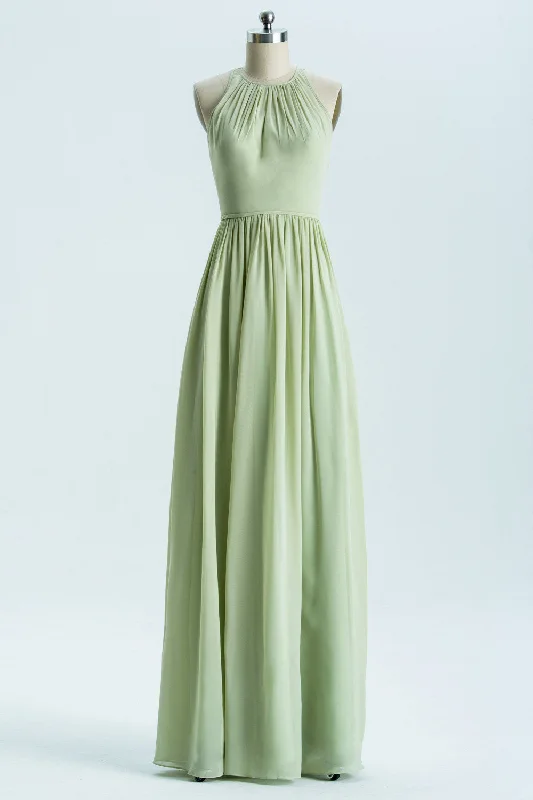 Affordable Trendy Fashion Lighten Up with Nordic Styles Sage Green Chiffon High Neck Long Bridesmaid Dress