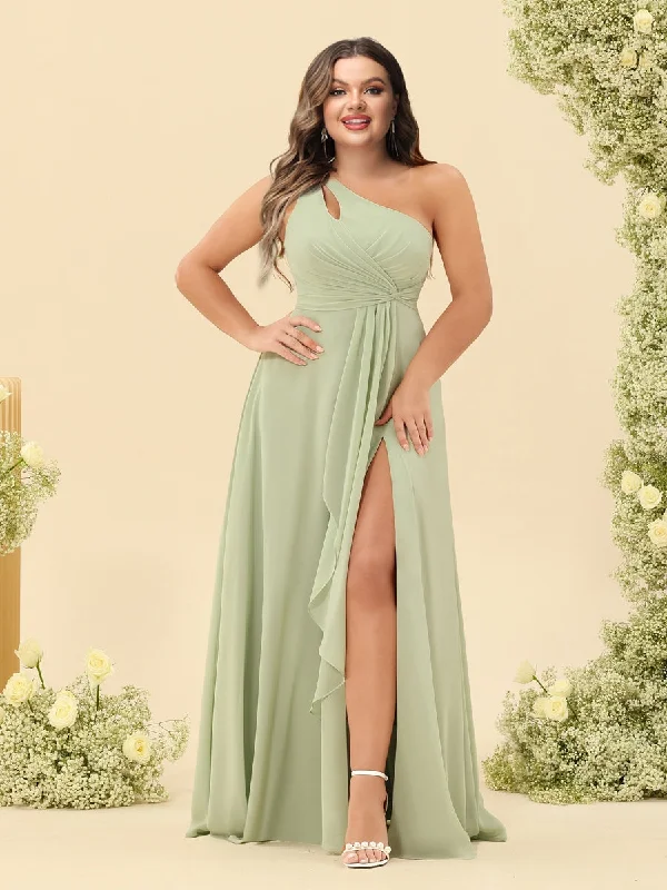 Contemporary Fashion Sale Lighten Up with Nordic Styles A-Line/Princess One-Shoulder Long Bridesmaid Plus Size Dresses with Split Side