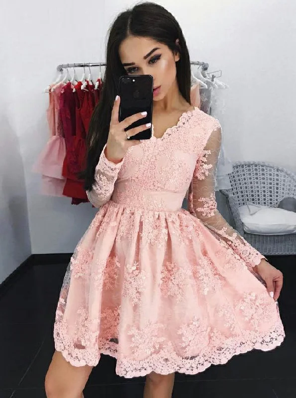 Luxe Style Discounts Weekend Special Lace Long Sleeves Pink Tulle Graduation Party Dress OP168