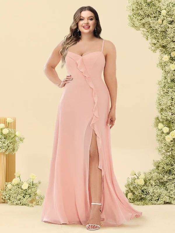 Inspired By You, Designed For You Cottagecore Rustic Charm Style A-Line/Princess Spaghetti Straps Split Side Plus Size Bridesmaid Dresses With Ruffles