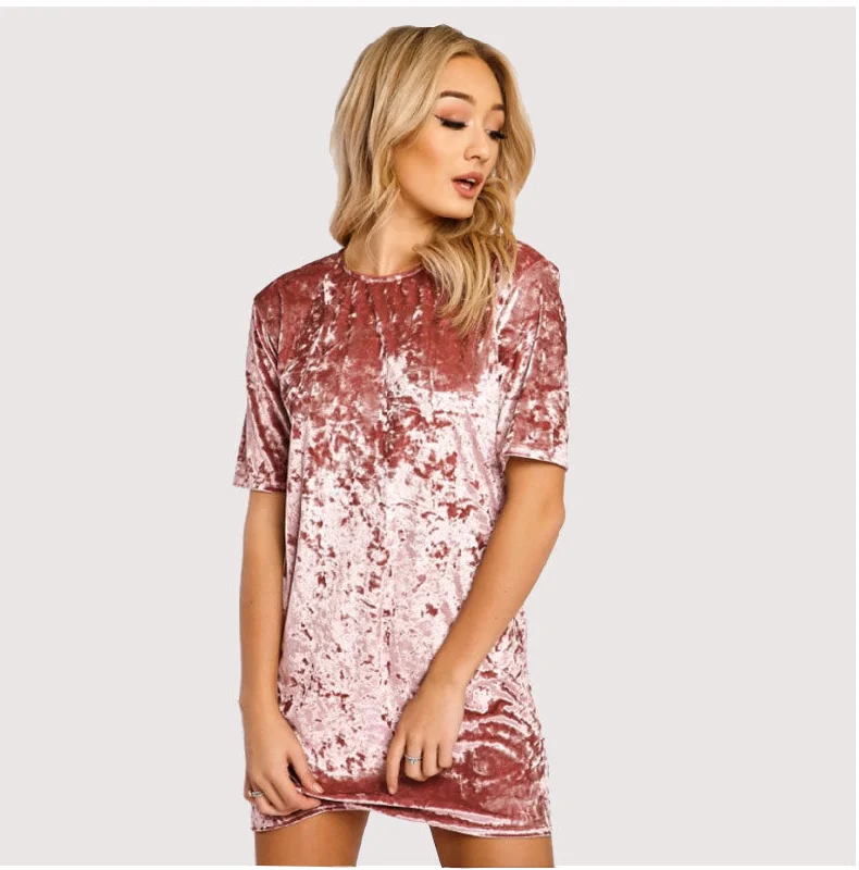 Absurdly Cheap Sale Playful Elegance Spring Summer Pink Velvet Dress Women Short Sleeve Casual Mini Bodycon Dress Solid Color Soft Sexy Ladies Dresses