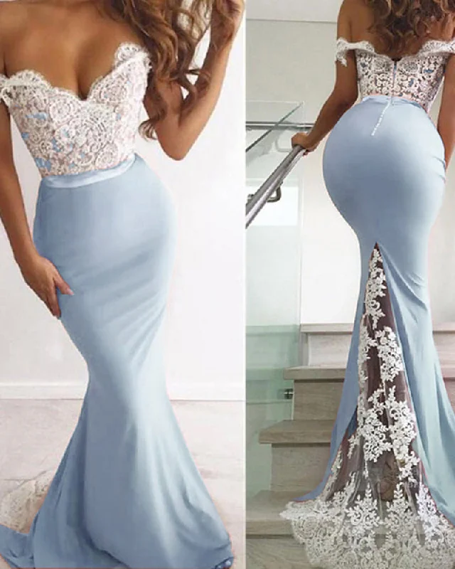 Chic Trends Unveiled Rustic Countryside Charm Look Lace Mermaid Off the Shoulder Bridesmaid Dresses Long 2019 PL544