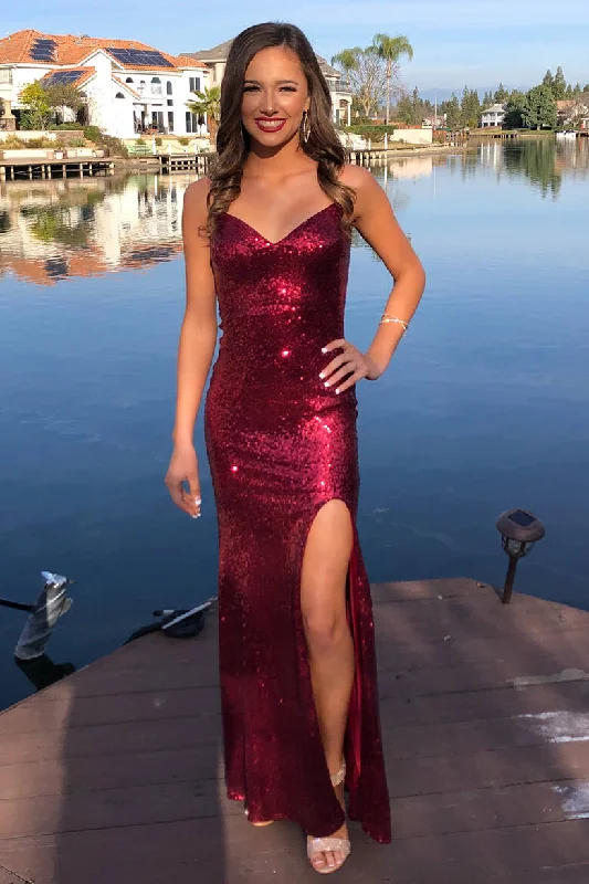 Stylish Looks Holiday Sale Roycebridal Glittery V-Neck Mermaid Long Burgundy Prom Dress