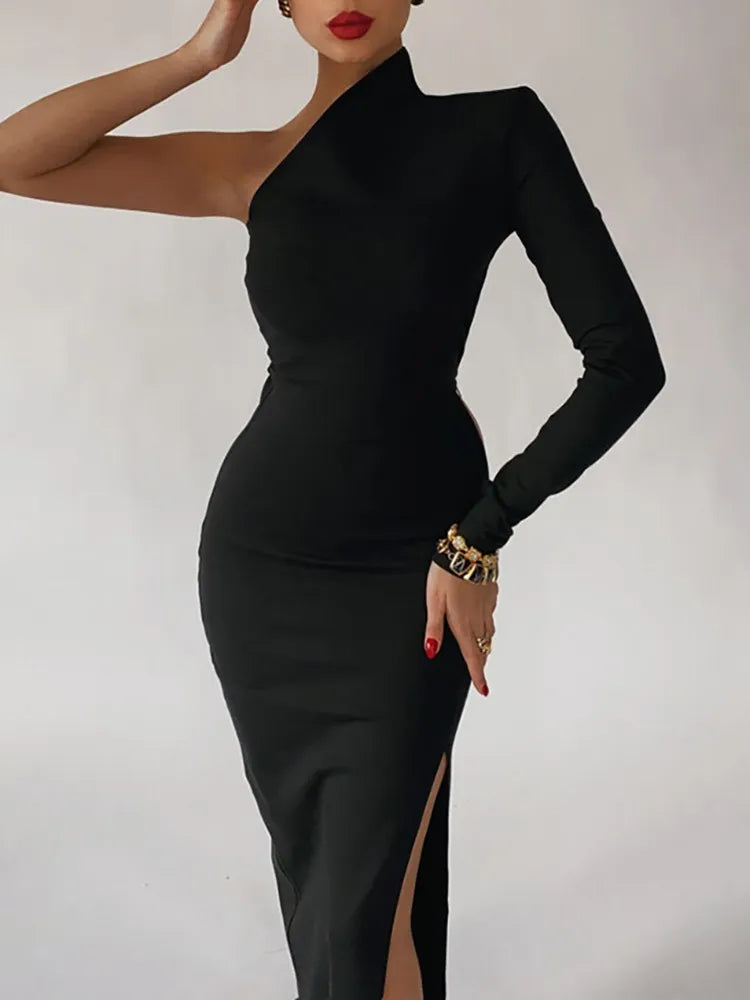 Avant-Garde Style Promotions Feminine Charm DressBetty - 2024 Summer One Shoulder Maxi Elegant Black Bodycon Dress