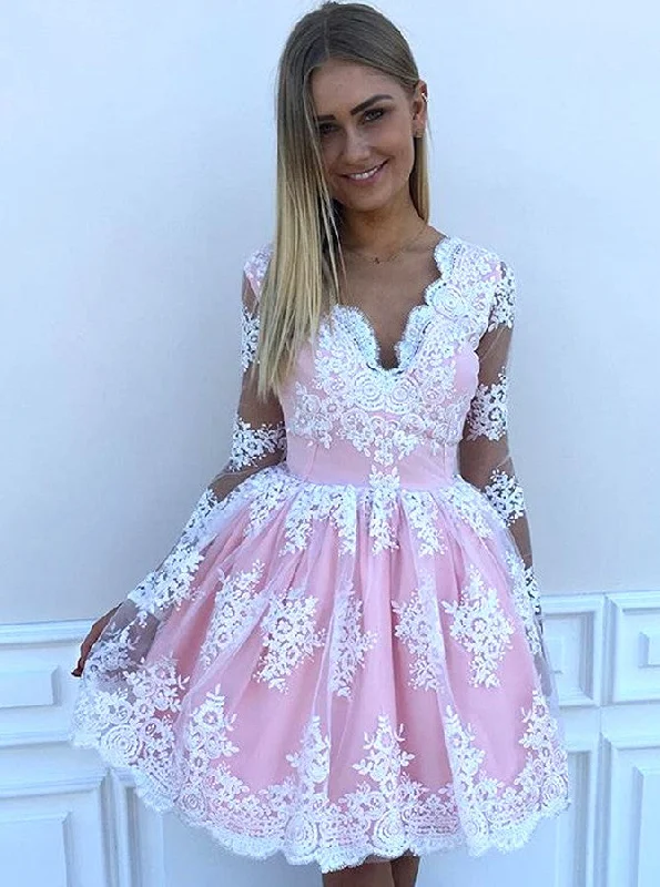 Romantic Chic Deals Tropical Island - Inspired Attire Appliques Long Sleeves Pink Tulle Short Homecoming Dress OM338