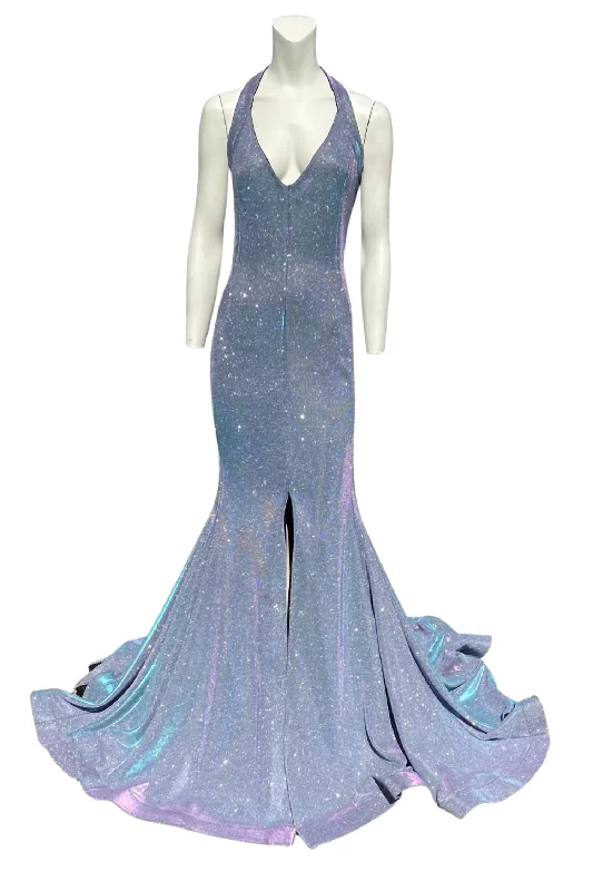 Big Savings Flash Deals Metallic Evening Gown In Blue Metallic Sparkle