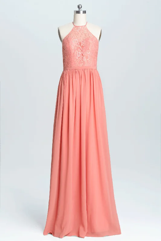 Elevated Casual Discounts Artful Design Halter Coral A-line Lace and Chiffon Long Bridesmaid Dress