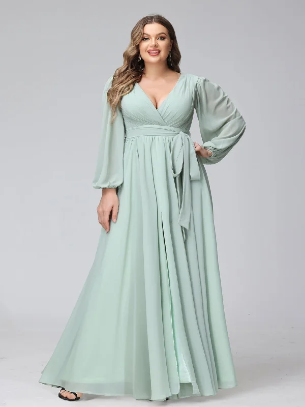 Ends Soon Graceful Movement A-Line V-Neck Long Sleeves Chiffon Long Plus Size Bridesmaid Dresses With Ruffles Split Side