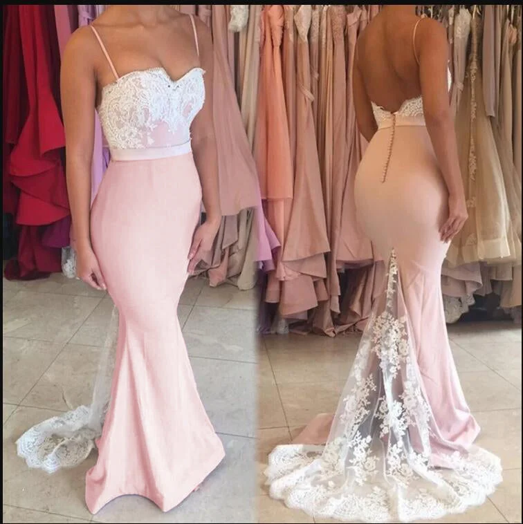 Effortless Style, Endless Impact Hollywood Glam Award - Show Style Spaghetti Mermaid Pink and White Lace Bridesmaid dress Long Evening Party Gowns