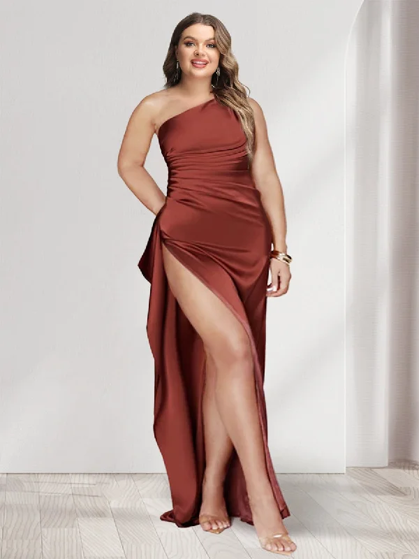 Sleek Style Discounts Seasonal Trend Sheath/Column One-Shoulder Sleeveless Floor-Length  Plus Size Bridesmaid Dresses with Split Side