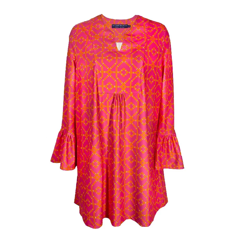 Crazy Discounts, Hurry Up Cottagecore Rustic Charm Style Women's Portland Long Sleeve Tunic Dress In Bamboo Lattice Petal Pink Orange