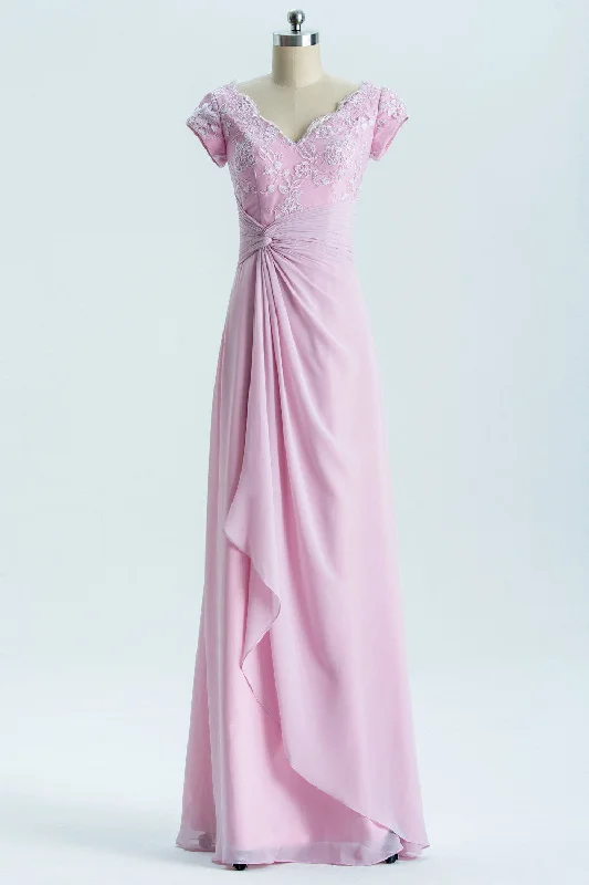 Modish Fashion Discounts Mother's Day Special Short Sleeves Pink Appliques Knot Long Bridesmaid Dress