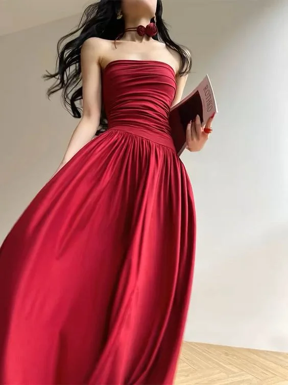 Summer Fashion Vintage Retro Party Wear Fancy A Line Strapless Sleeveless Red Long Prom Dresses C2692