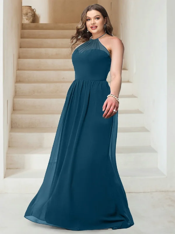 You'Ll Love Us Because Dreamy Aesthetic A-Line/Princess Halter Sleeveless Floor-Length Chiffon Ruched Plus Size Bridesmaid Dresses