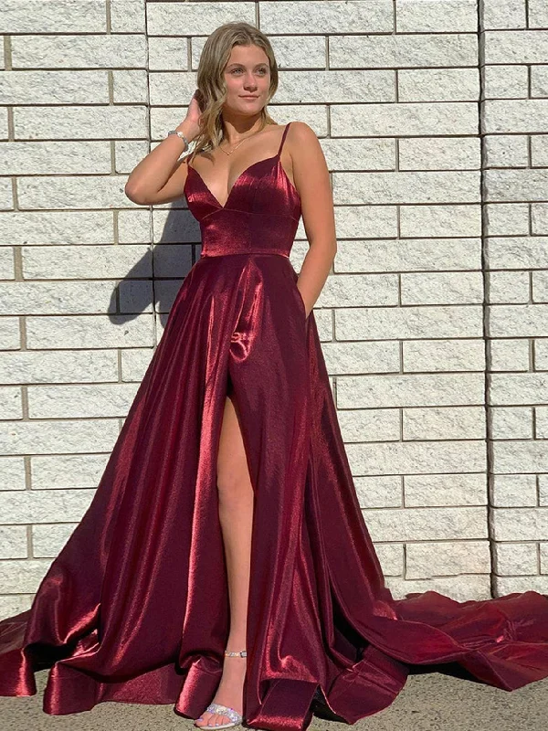 Best Sellers End - of - Month Blowout Roycebridal DarkRed Satin A Line Tight Long Prom Dress With Slit