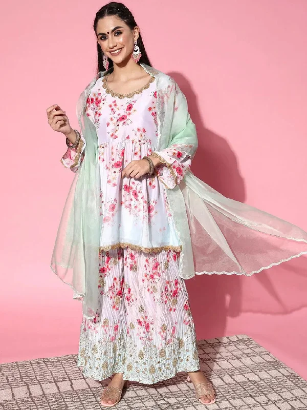 Timeless Elegance Redefined Final Clearance Grey Printed Satin Anarkali Sharara Suit Set With Dupatta