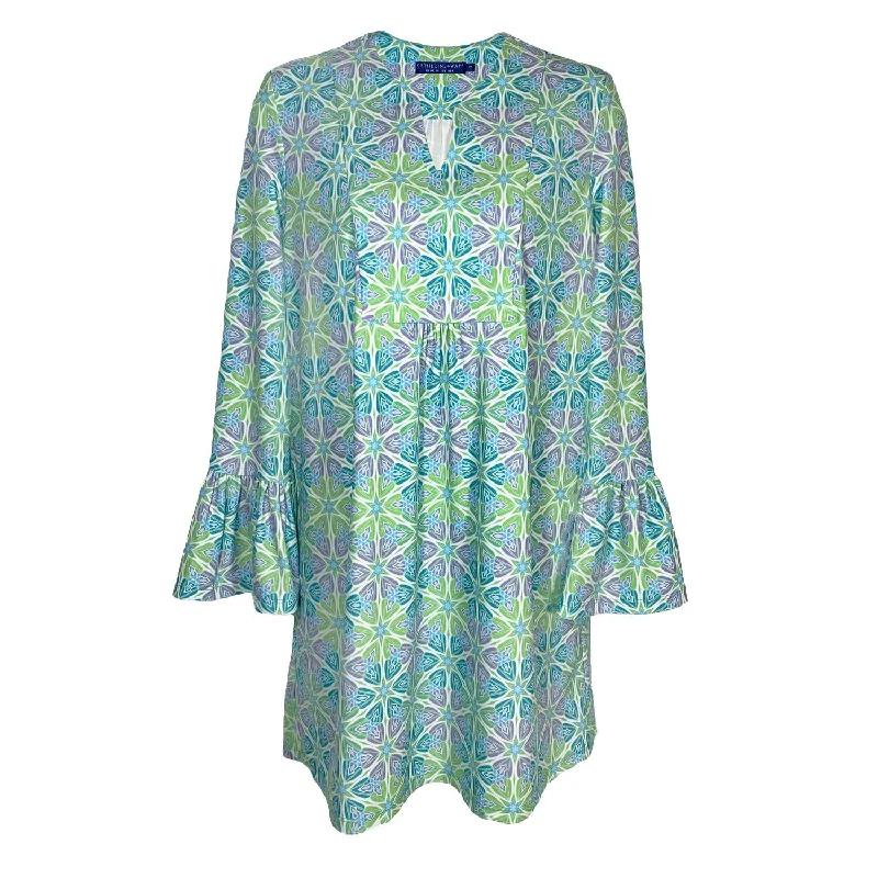 Crazy Price Slashing Disco - Inspired Retro Dance Look Women's Portland Long Sleeve Tunic Dress In Flower Burst Hawaii Blue