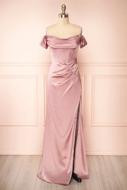 The Latest Fashion Trends Graceful Drape Evolet Mauve | Off-Shoulder Corset Maxi Dress