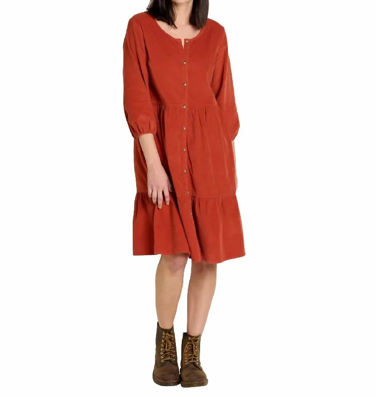 Find Your Unique Flair Weekend Special Scouter Cord Tiered Long Sleeve Dress In Cinnamon