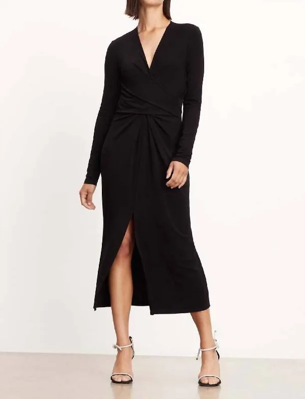 New In This Season Romantic Date - Night Ensemble Eliana Long Sleeve Long Wrap Dress In Black