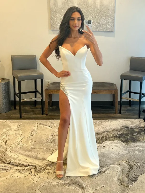 Best Deals Of The Season Limited - Stock Roycebridal White Strapless V Neck Long Prom Dress With Slit