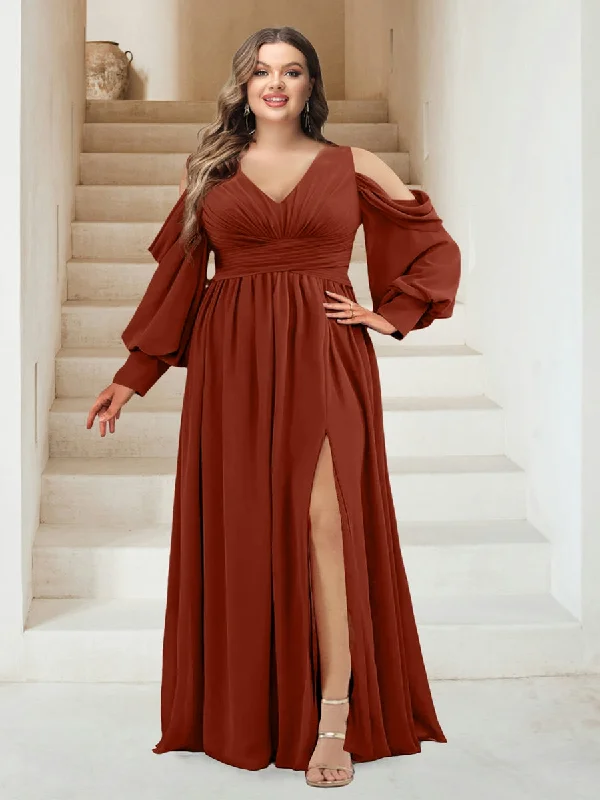 Flash Sale Fever Nordic Minimalist Home Look A-Line V-Neck Long Sleeves Plus Size Bridesmaid Dresses with Split