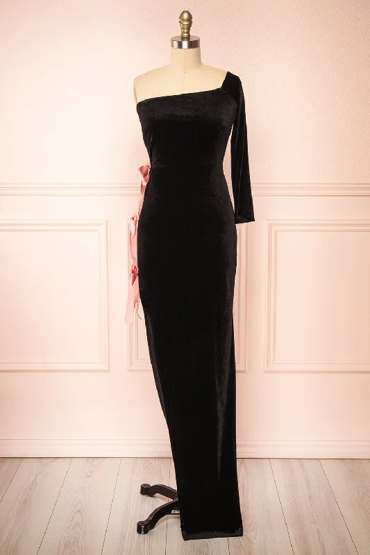 Premium Style Offers Disco - Inspired Retro Dance Look Maelise | Black Velvet Maxi Dress w/ One Sleeve