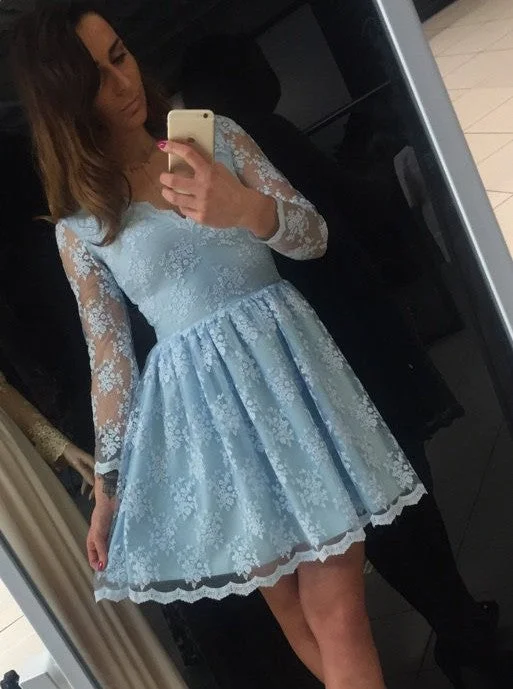 Flirty Fashion Discounts Grab Romantic Date - Night Styles Now Blue A-Line V-Neck Long Sleeve Short Lace Homecoming Dress OM112